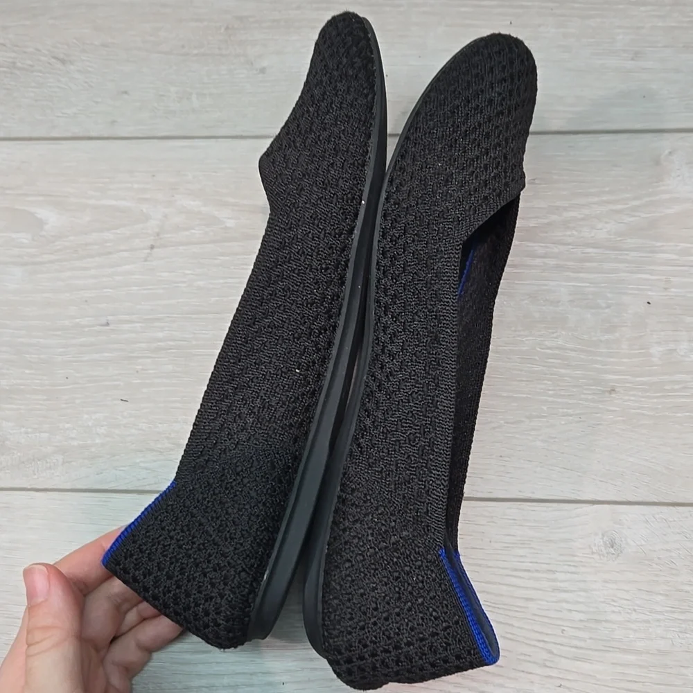 Rothy's Women Black Knit Ballet Flats with Blue Trim Shoes Sz 9.5
